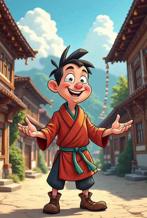 Make a cartoon character looking man who is saying ofcourse I can do in the small village and background is Bhutan traditional houses