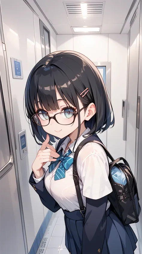 Black hair, glasses, Japanese high school girl, in elevator