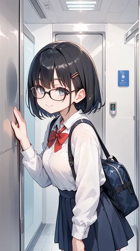 Black hair, glasses, Japanese high school girl, in elevator