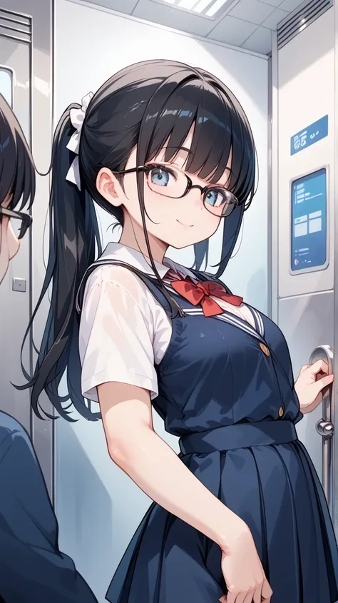 Black hair, glasses, Japanese high school girl, in elevator