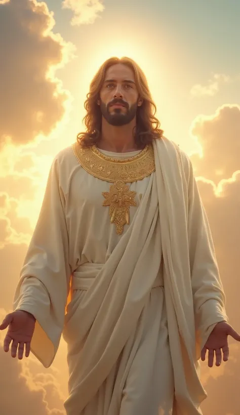  An impressive image of Jesus Christ in heaven ,  looking intently at the camera with a serene and penetrating expression.  He wears a white robe with details golden ,  and heavenly light radiates around it .  The background presents a majestic sky ,  with...