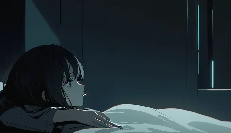 "A melancholic young woman with long black hair lying on a bed, gazing into the distance. She holds a lit cigarette with smoke curling upwards. The dimly lit room has a moody, cinematic atmosphere, with soft lighting and a muted color palette. The anime-st...