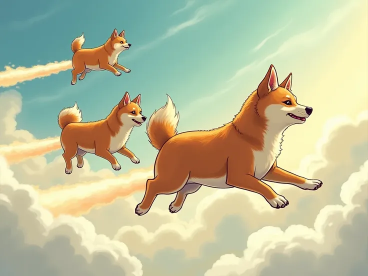 Shiba Inus flying in the sky with a jet coming out of his butt