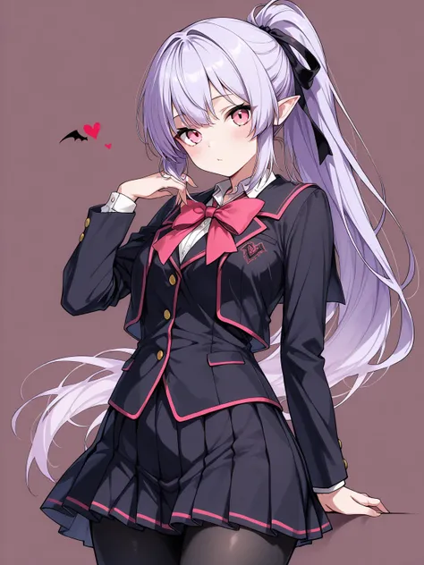 ((masterpiece, best quality, extremely detailed)), 1girl, light purple hair, long hair, ponytail, pink eyes, hair ribbon, vampire, school uniform, black pantyhose, looking at viewer, cowboy shot, no cropping, simple background,