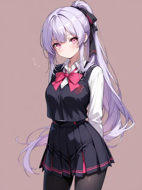 ((masterpiece, best quality, extremely detailed)), 1girl, light purple hair, long hair, ponytail, pink eyes, hair ribbon, vampire, school uniform, black pantyhose, looking at viewer, cowboy shot, no cropping, simple background,