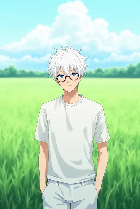 A guy with white hair, blue eyes, white clothes and glasses staring into the camera with his hands in his pockets, in a field anime style