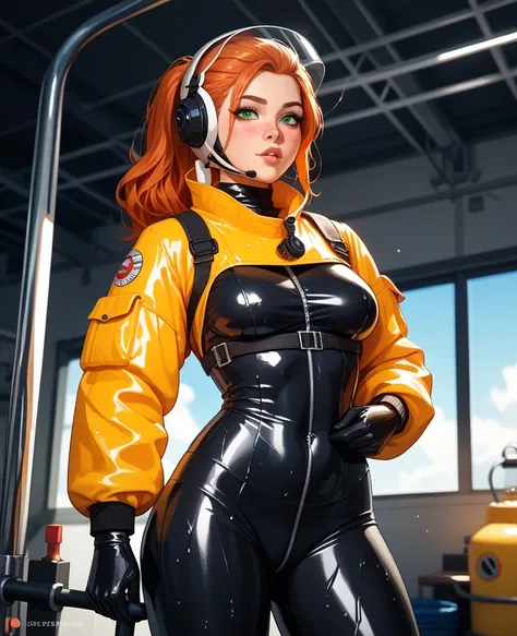 Hot young girl with freckles long ginger hair green eyes big brest and ass and small waist. She is fit. She is wearing latex black tight wetsuit. She is wet. She is standing in a gas chamber. View from the front. She is holding her hands on her hips. She h...