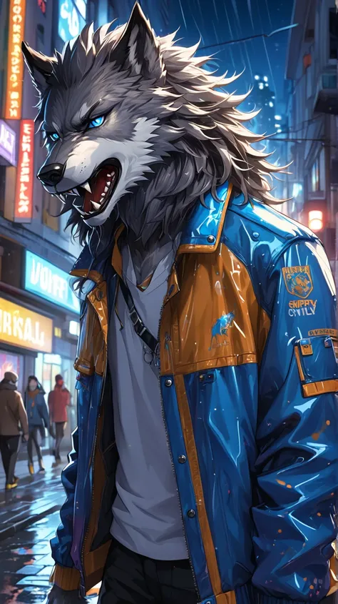 (Better details ,  high quality), Furry werewolf ,  walk through the city, (night,  bright light , Urban Environment), (dynamic framework, Fierce expression ,  messy hair ), (Bright blue eyes , Detailed jacket ), (Colored spots,  slippery street ), (Focus ...