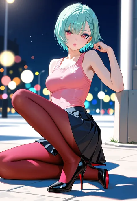 1girl, solo, (best quality), 8k, masterpiece, aqua hair, short hair, braided bangs hairstyle, calm, BREAK, orange_eyes, blue_eyeshadow, pink_lips, medium breasts, highres, transparent_tanktop, pleated_skirt, red_pantyhose, stiletto_heels, red_undersole, ou...