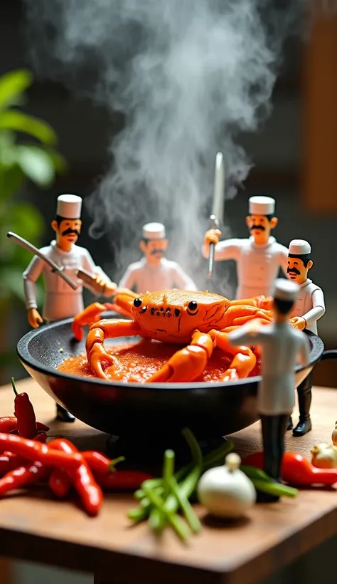 A highly detailed and realistic miniature kitchen scene where tiny chefs (3-5 workers) are preparing a giant crab for Padang sauce. One chef is cutting crab legs with a large knife, another is stirring a thick red-orange sauce in a massive wok, while anoth...