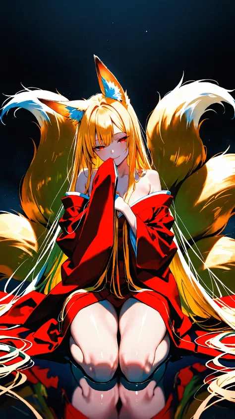  1 GIRL， top quality with full nudity behind，
A seductive smile，covering face，
 dark background， Soft light ，
 fox ears，  fox tail ，
shiny long golden hair ，absurdly long hair，
Narrow eyes，  red eyes
， red kimono，long white hakama，seiza，