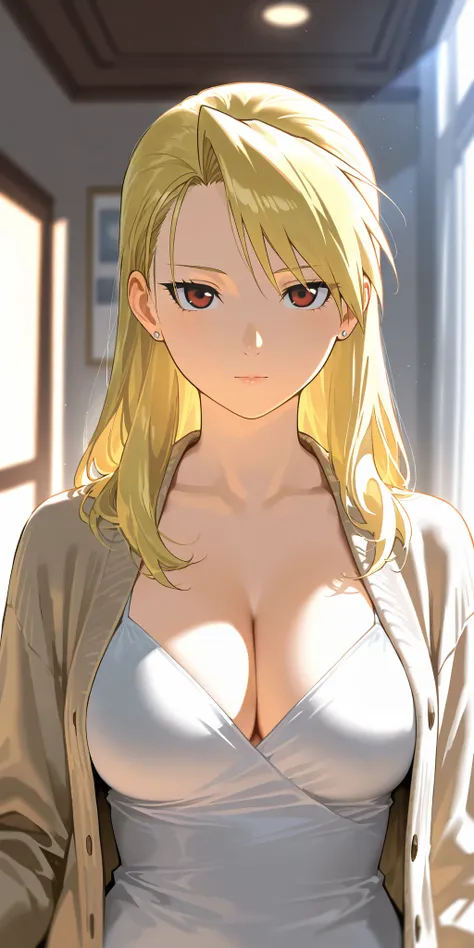 Masterpiece, elegant mature woman, riza hawkeye, long hair, tall body, open cardigan, upper body, medium breast, dynamic lighting, ultra detailed, highres, absurdres, home, fullmetal alchemist style