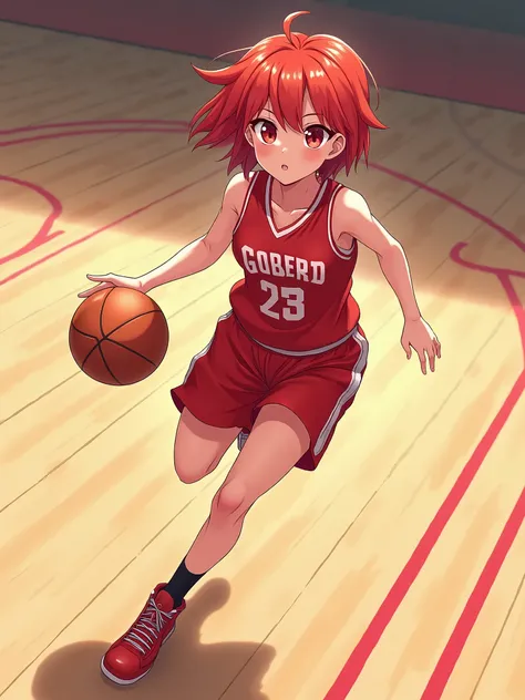 illustration of  red short haired slender and huge breasts female cute basketball player full body,