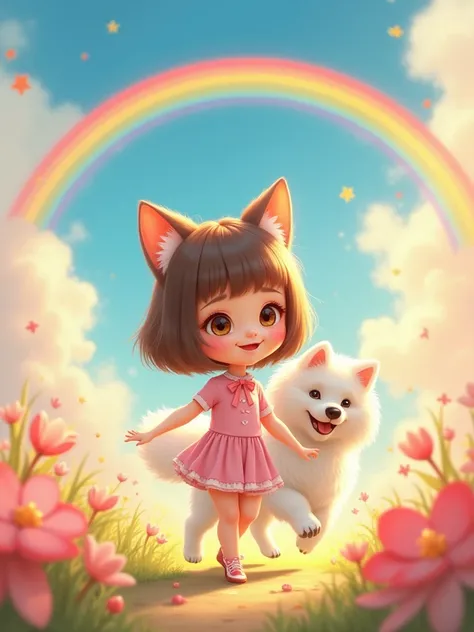 A girl with a cute face with cat ears, brown hair, bob cut hair, and a rainbow hanging over the sky　 There is a cute white Samoyed dog running next to it