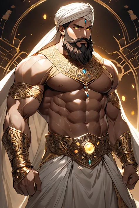  one man , Arabic features ,beard ,  wearing an ornate dress ,  brown turban  ,  whose hand is made of white light ,  Hazel eyes  , Strong body , muscular