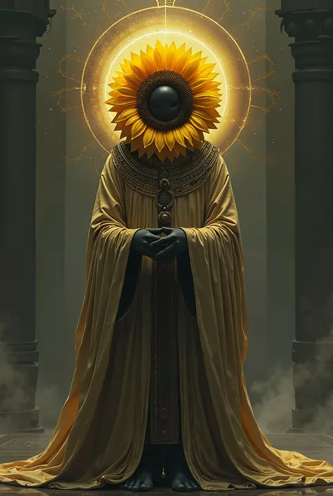 sunflower as a head  of a headless saint in an ancient Dark Age-inspired robe, radiating a solemn and divine presence, with touch of egyptian and thai clothes