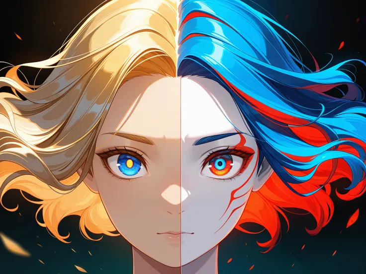 Short golden hair tousled by the wind, distinct facial features, red and blue featured as secondary colors, high resolution, best quality, high resolution, ultra detailed, ultra fine, highly delicate, professional, anatomically correct, symmetrical face, h...