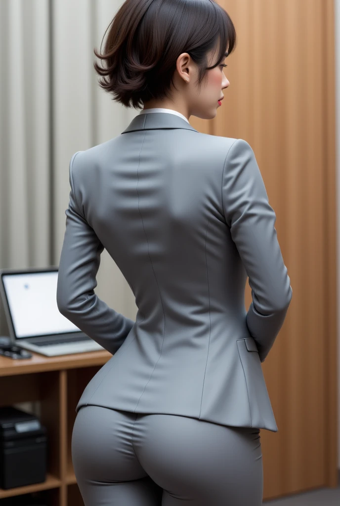 ( top quality, 8k, 32K,  Masterpiece,  ultra high resolution:1.2),  1 GIRL,  beautiful Japanese woman,  thin waist, grey  suit,  open jacket, OL,  suit,   pants,  from behind,  office room , machine, ( STOP SHOULD BUT 。:1.2),  detailed face,  short hair,  ...