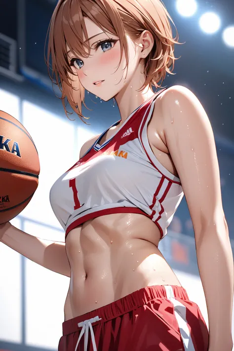 Basketball player,  sweaty, Beauty, Blush 1.5, 羞恥:1.5,  tight abs, ( Misaka Mikoto), masterpiece:1.5, masterpiece, highest quality, UHD, retina, masterpiece, accurate anatomy, super detailed, high quality, best quality, 8k