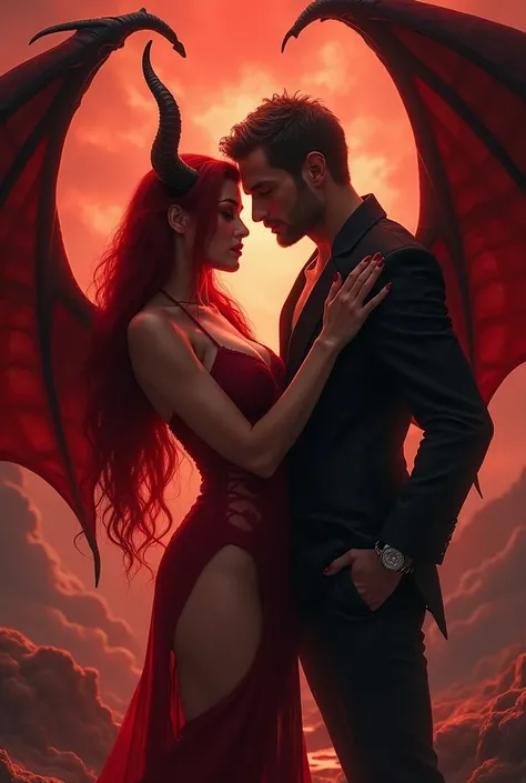 A beautiful woman succubus demon, sultry sheer dress, two horns, red eyes,red lips,long red hair, majestic large wings, she is seducing a man,infernal background 