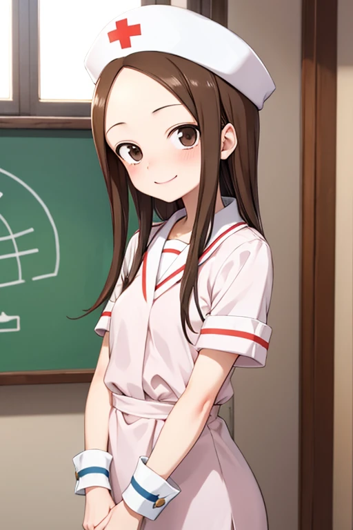 (takagi-san )
 upper body：nurse
lower body：hat
Subject size：Girl
background ：hospitals
timer：Sunlight
expression ： evil smile
posture ：standing