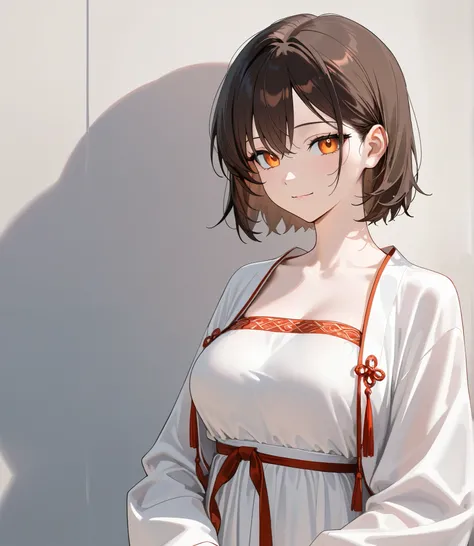  masterpiece,  better quality,  newest , safe,  beautiful woman.  good anatomy,  anime girl image, Japanese girl,  delicate features . dark brown hair and short hair.  orange eyes,  fair skin ,  medium breasts,  thin body . She is 20 years old,  She measur...