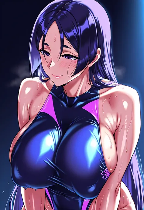 Hyper realistic, raikou, parted bangs, purple eyes, purple hair, long hair, hime cut, forehead,, gilf, mature female, perfect face, perfect lighting,、sexy lips, sexy female, closed mouth, beauty mark, thicc،, huge , large breasts, sweat,((competitive swims...