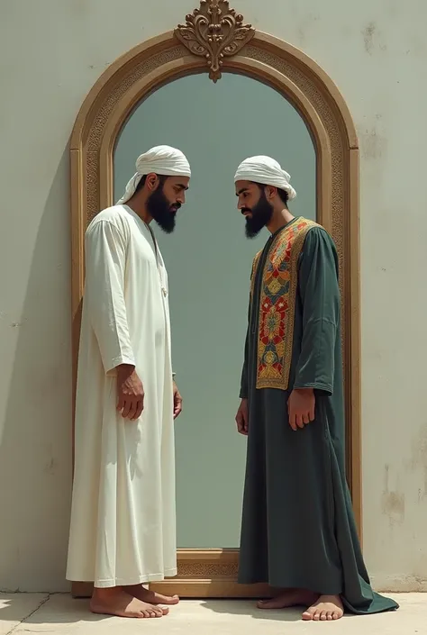 Two muslim men, a mirror in the middle
