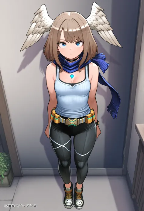 high resolution picture, masterpiece, best quality, amazing quality, official art, 1girl, Xenoblade Chronicles 3, 1girl, head wings, blue eyes, medium hair, brown hair, black choker, tanktop, leggings, belt, cleavage, small breasts, young, ,full body, blue...