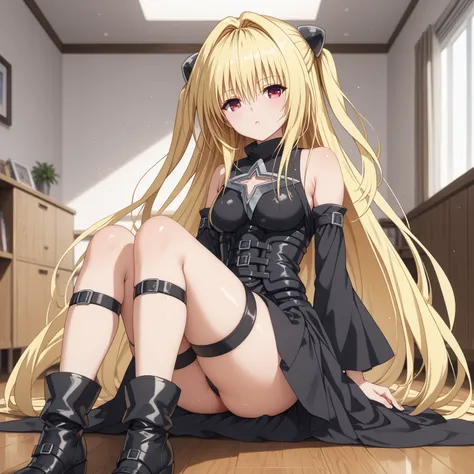 Konjiki no Yami, very long hair,blonde hair,two side up,hair ornament,hair intakes,hair between eyes,bangs,red eyes, black dress, detached sleeves, black footwear, thigh strap, Room, glossy skin, glistening skin, looking at viewer, Tempting body,