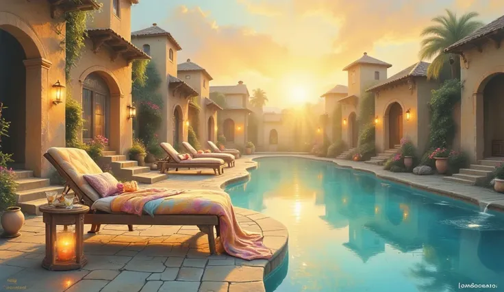 A luxurious poolside setting at sunset, where the golden glow of the sun reflects off the shimmering turquoise water. Soft lanterns and string lights cast a warm ambiance, while a sleek lounge chair sits beside the pool, draped with a light towel. A chille...