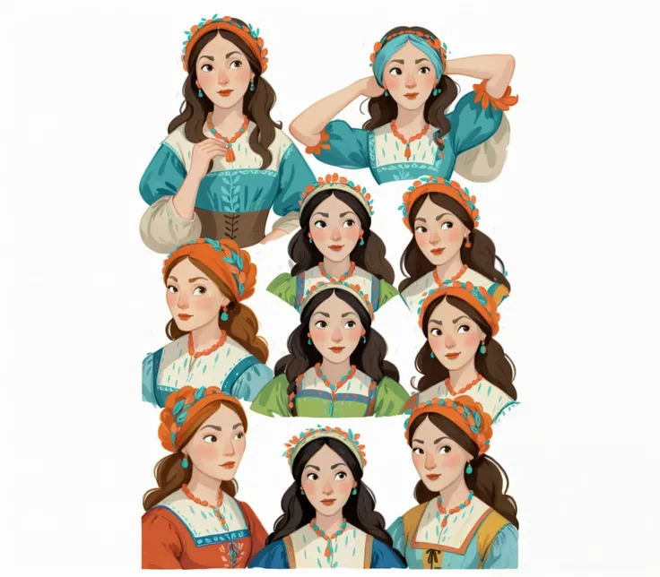 score_9, score_8_up, score_7_up, score_6_up, score_5_up, score_4_up, 1_woman, brow hair, expressive face, long_hair, wearing a vibrant long peasant medieval dress, detailed clothing, sketches, detailed thick gouache painting, illustration, in gougoupaintle...