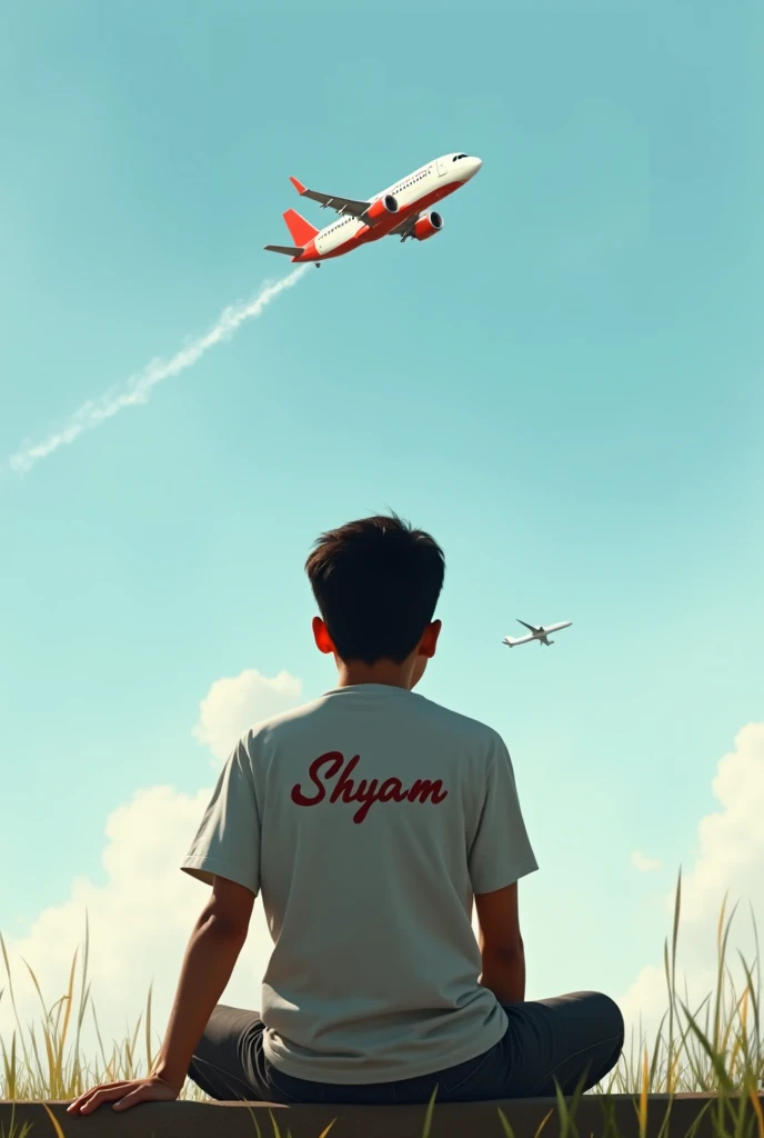 Generate a image of a 20 year  boy sitting alone named Shyam Printed on his T-shirt looking on flying aeroplane "गरिब भएकै कारण झुक्नु पर्छ मैले । देश छोडेर परदेशमा पुग्नु पर्छ मैले ॥ मनमा अनगिन्ती रहर हुँदाहँदै पनि । घरको व्यबहारलाई बुझ्नु पर्छ मैले" Writ...