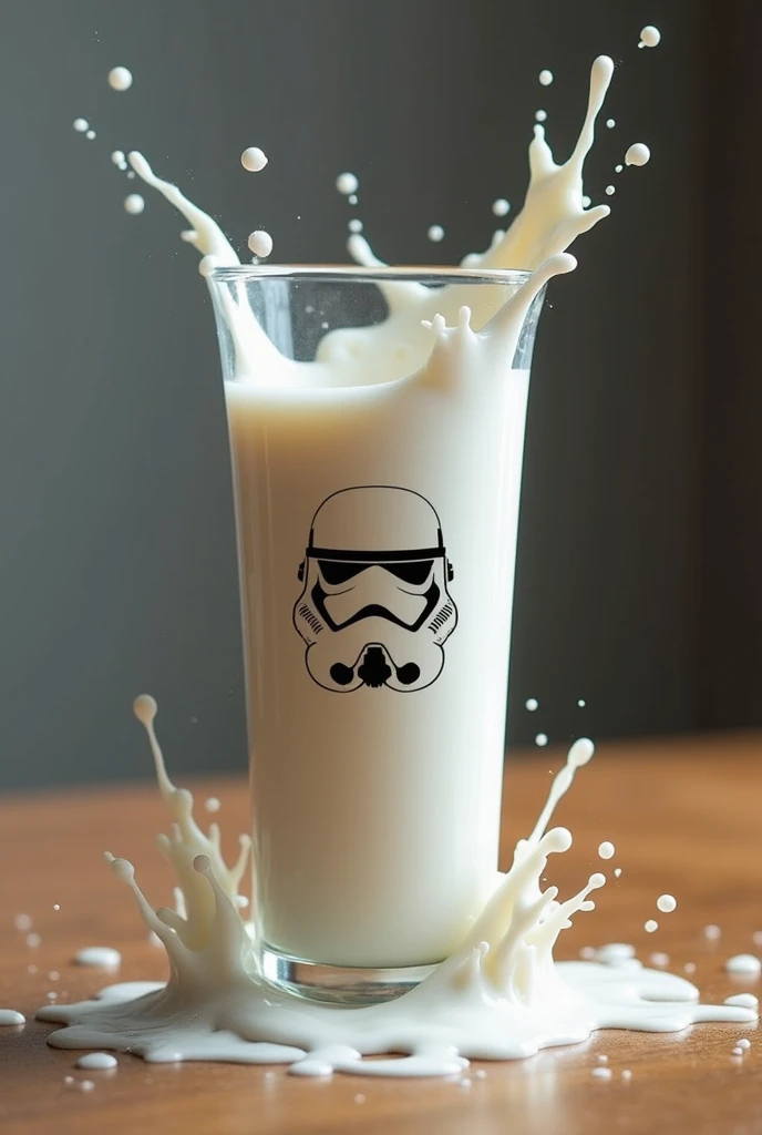  the glass with a picture of a stormtrooper containing milk printed on it、The moment it falls from the table to the floor and the bottom half starts to break ， zoom up 