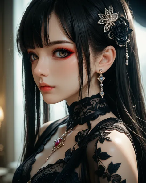 (masterpiece, best quality, ultra-detailed, beautiful woman:1.2), (profile:1.1), black hair, heavy bangs, straight bangs, above eyebrows, hair in front of ears is about the length of the corners of the mouth, long hair behind ears, gothic makeup, black lac...