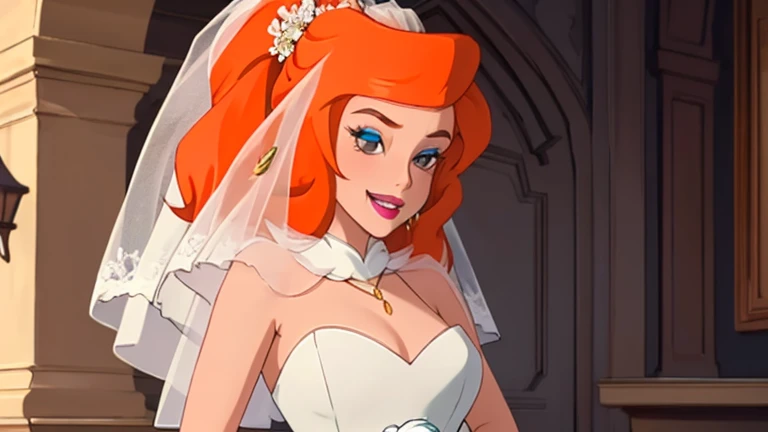 masterpiece, key visual, 1girl, cousinmel, solo, smile, orange hair, blunt bangs, high ponytail, hair flower ornament, (wedding dress, frills:1.2), bride, white gloves, looking at viewer, brown eyes, wedding dress, veil, bouquet, blue eyeshadow, red lipsti...