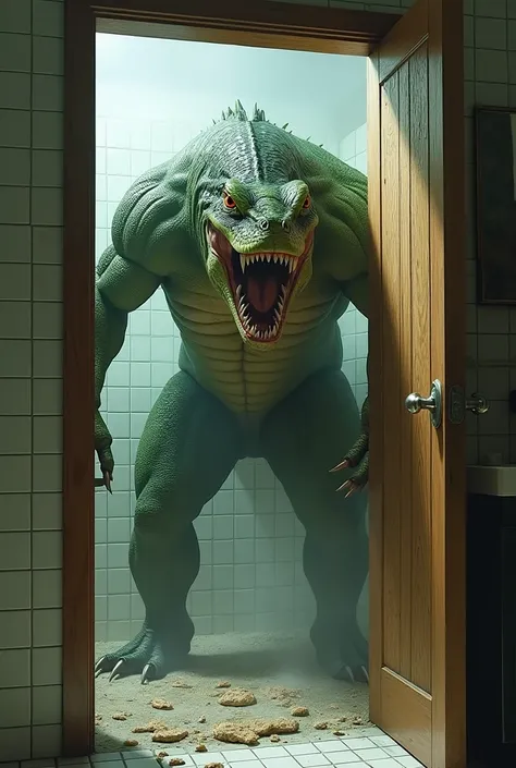 Lizard man breaking a bathroom door