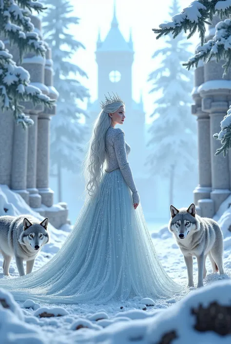  Snow Queen  , in a snowy forest with stone buildings and wolves