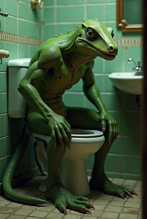 Lizard man pooping in a bathroom 