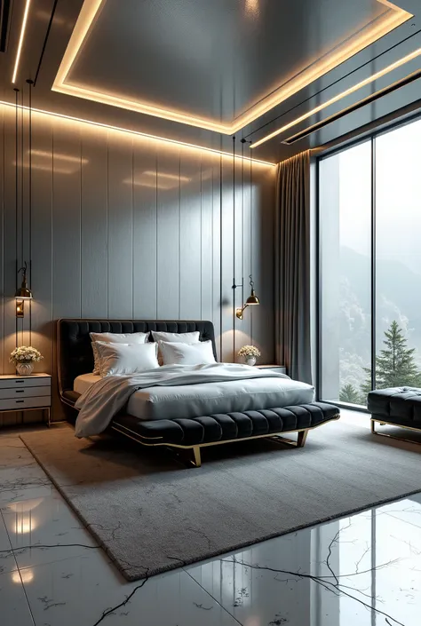 Create a picture of a bedroom painted in shiny silver and furniture in black and gold