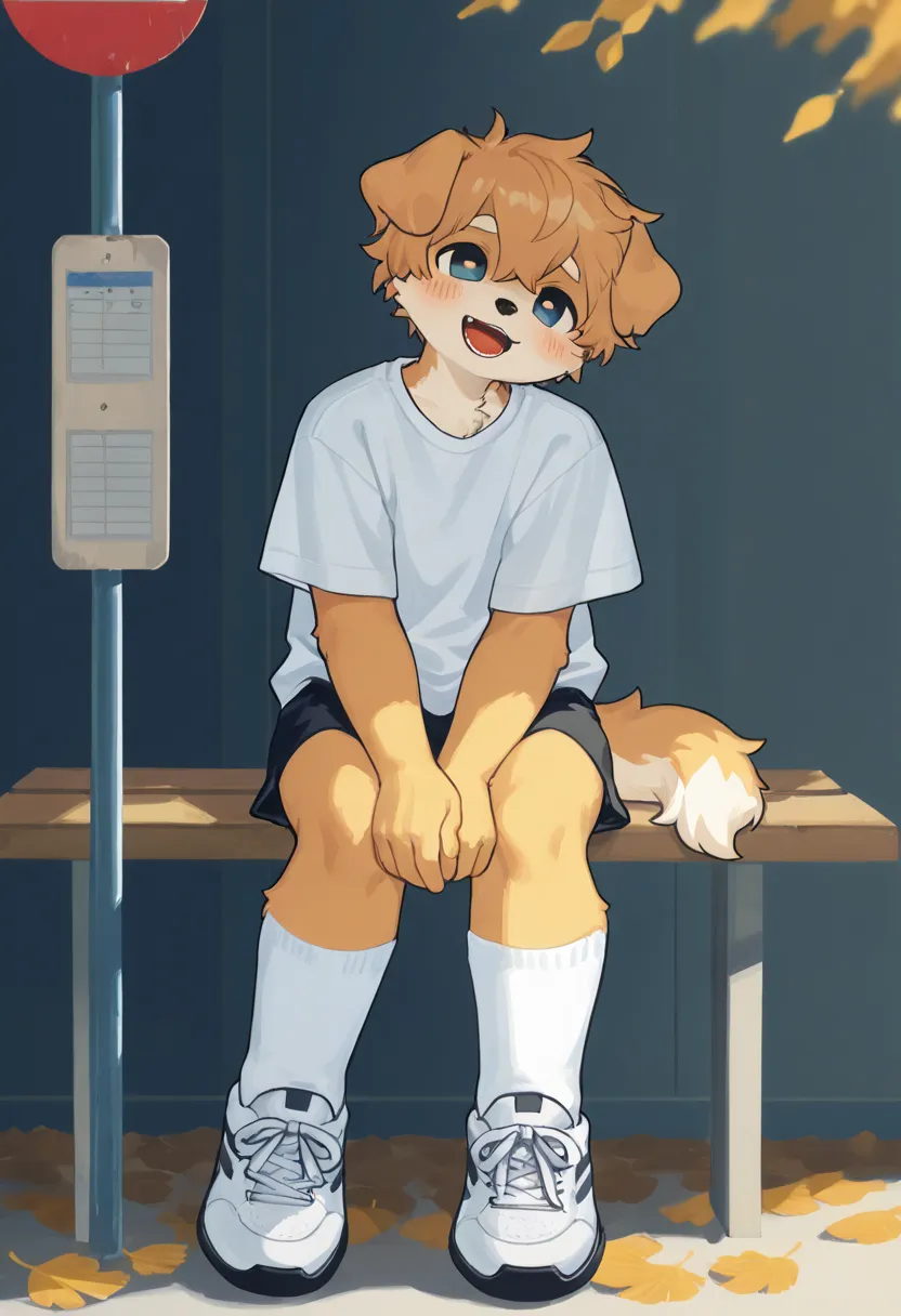 source_ furry， furry male，elementary school students，((boy  )),Dog boy  ,short hair,masterpiece, newest,absurdres, incredibly absurdres, bright eyes, detailed eyes,short hair,  messy hair, blush,  laugh, head tilt，White Socks， sneakers, upper body, Sitting...