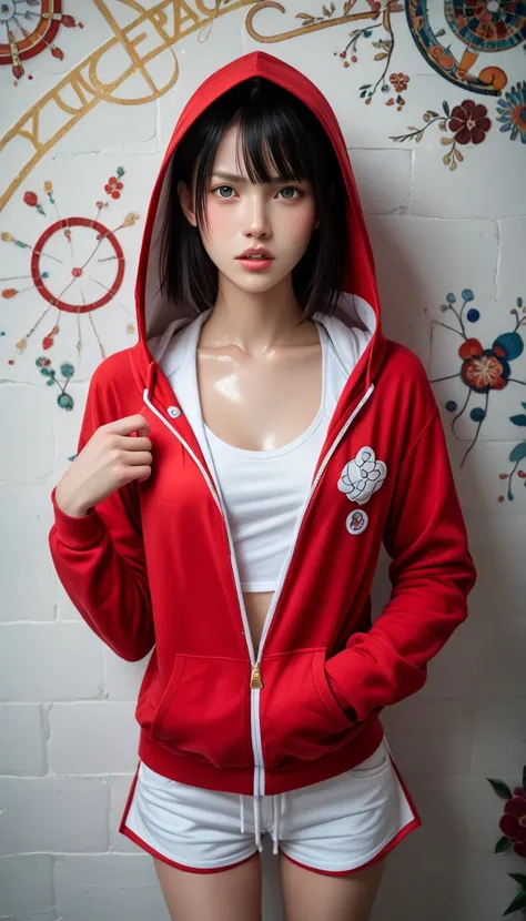 (realistic:1.5), (masterpiece:1.2),cool beauty woman, Japanese:1.3, (look at viewer:1.3), (perfect anatomy), black hair, (background colorful room), (fighter), (gold doragon design wall:1.3),
voluptuous body, red hoodie, ((hood cover head)), (white embroid...