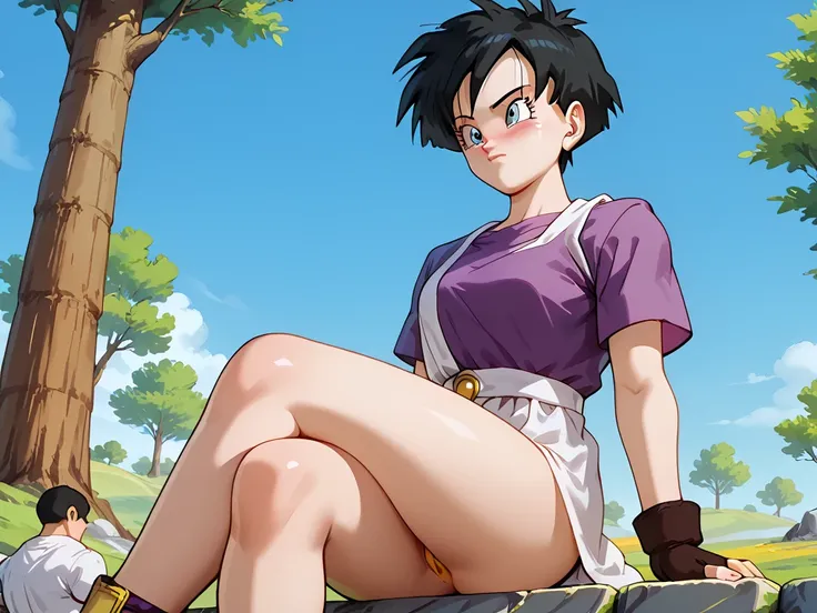 Videl, 1girl, short hair, spiked hair,  blue eyes,  fingerless gloves, outdoors, open field, trees, rocks, solo, masterpiece, best quality, purple shirt, white shirt,  highly detailed, 8k, sitting, meditating, crossed legs, beautiful body, beautiful legs, ...