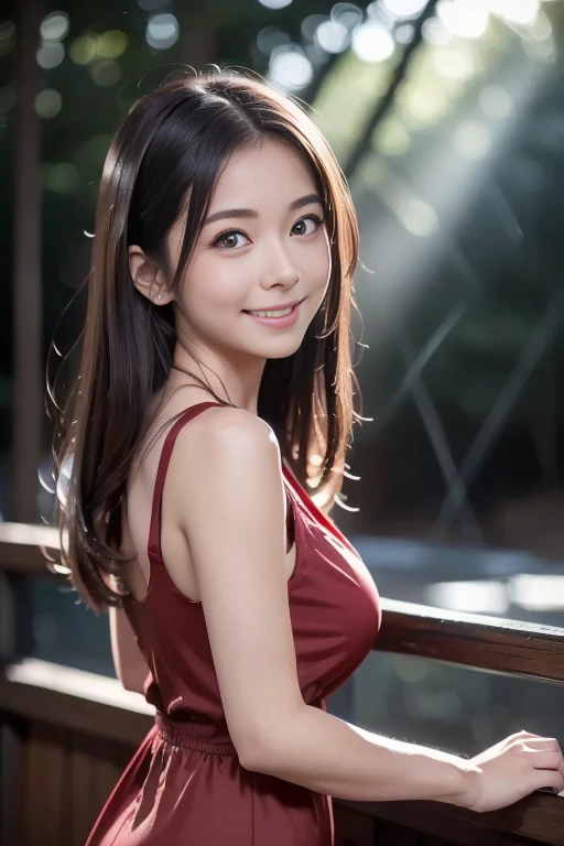 (8k, RAW photo, photorealistic, HQ, masterpiece), a cute Japanese woman, (glowing eyes), from below, 
(smile), brown hair, (A casual sleeveless long dress in a vibrant red color:1.2), large breasts, (Cafe in the forest),
blurred background, depth of field,...