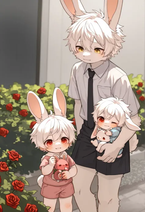 Dwarf rabbit boy ，furry boy with white hair， Toddler，Rose bush，tie，Short sleeve， shorts，