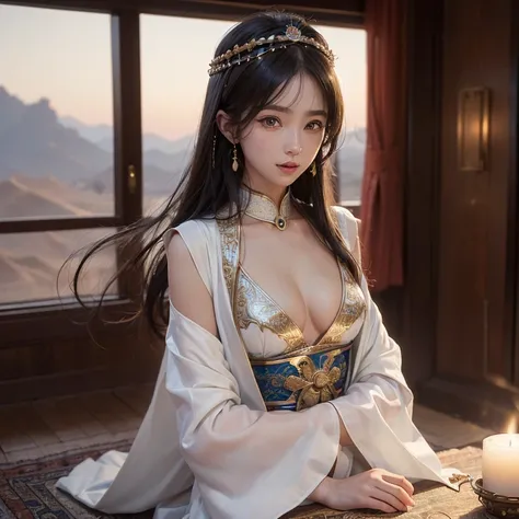 On a flying carpet floating in the desert 、Flowing hair、 (( top quality、 Masterpiece、8k、 best image quality、 ultra high resolution、 Award-winning work )、( accurate anatomy:1.1)、(  Look at Me and Laugh :1.1)、Shining fair skin with  ultra high resolution、The...