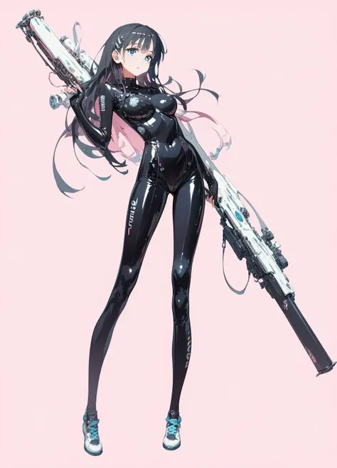  great quality,   top quality with full nudity behind，Hayashi Miwako  ， her breasts are so soft，   blue eyes，  dark hair， alone,   Shoot her full body  　， pink background, latex rubber suit costume， standing，A futuristic weapon that floats in the air