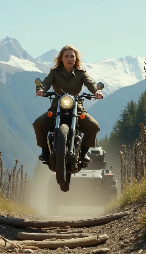 (  high image quality), (8k), ( movie"Great Escape" dramatic scene like “), A beautiful American female officer rides a military motorcycle and flees from behind、 beautiful blonde female soldier 、 hilly area on the plateau where you can see the mountains o...