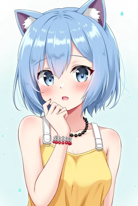 Cheer up the girl and put on pastel blue hair and cat ears with a yellow blouse and the strap of the white blouse and with a bracelet necklace around her neck and left arm, Sleeveless and put on white strap!