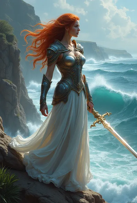 Create a image of a warrior princess has wavy hair red copper color , holding a sword and has aura,and she is standing on cliffs staring at the ocean

